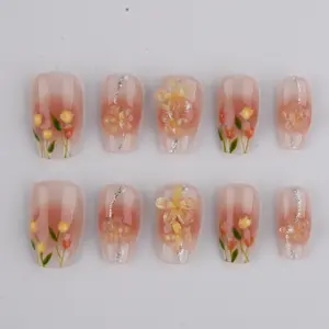 Handmade Tulip Flower Press On Nails - Yellow, Flexible & Lightweight for Comfortable Wear - Set, Birthday Gifts