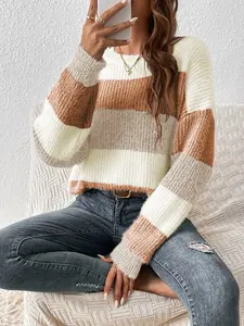Women's Striped Sweater with Shoulder Design, Long Sleeve Knitwear Top for Fall & Winter, Casual Fashion Women's Clothing
