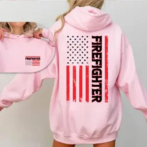 [Made in USA] Firefighter American Flag Hoodie, Patriotic Firefighter Back Print Pullover Hoodie, Pink Fire Dept Graphic Sweatshirt, First Responder Streetwear, Gift For Firefighter Women Men.