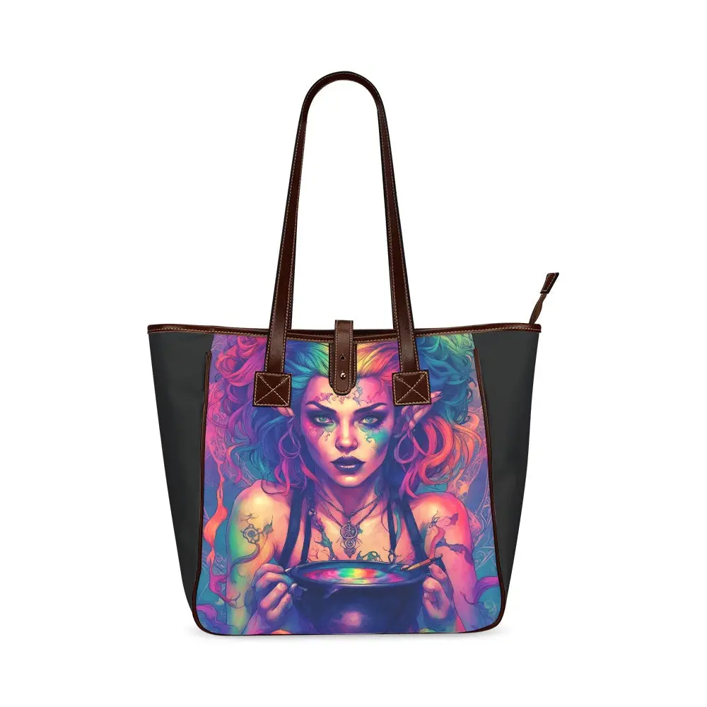 Women's Witchy Psychedelic Rainbow Goddess  Tote shoulder strap bag purse Oversized Pu Spooky Season