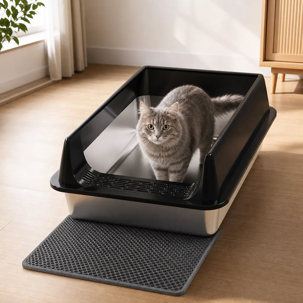 Elevated Stainless Steel Open Cat Litter Box with Raised Rim, Included Double-Layer Honeycomb Sand-Drain Mat for Splashing Prevention, Large Scratch-Resistant Litter Box for Long-Haired Cats