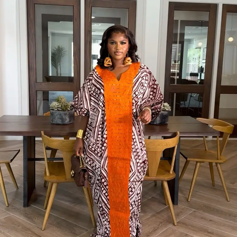 Adire Maxi Kaftan Bubu Dress for Women - Stylish Elegant Casual Comfortable Everyday Wear Orange Patterned Fabric