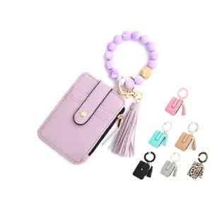 Cute Slim Credit Card Wallet with Bohemian Bead Wrist Keychain Floral Pattern Zipper Pocket Portable Mini Keychain Wallet Coin Purse Gift for Mothers and Friends