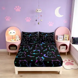 3D Neon Cat Twin Size Bed Set Gradient Line Kawaii Cat Fitted Sheet for Teens Kids Boys Girls Black Cute Bedding Set 1 Fitted Sheet+2 Pillowcases for Room Decoration