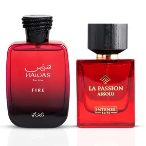 Hawas Fire by Rasasi & La Passion Absolu by Intense Elite - 100ML EDP Sprays. (Bundle) Musks Perfume Bottles French Citrus