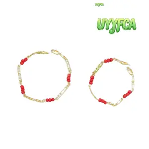 Women's Gold Plated Red Beaded Figaro Chain Bracelet and Anklet, Azabache Inspired Good Luck Protection Charm, Sports Wristband Delicate Lightweight Jewelry for Daily Wear and Gifting summervibes