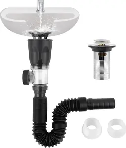 Bathroom Sink Drain Kit, Flexible P- Drain Pipe with Pop Up Stopper, Expandable Bathroom Sink Pipe Replacement with 2 Adapters, Fits 1-1/4'', 1-1/2'', 2" Holes, Hair Catcher, Chrome