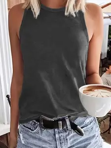 Women's Solid Round Neck Tank Top, Casual Sleeveless Top for Summer, Ladies Clothes for Daily Wear