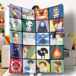 Studio Ghibli Inspired Flannel Blanket Iconic Character Pixel Art Print Cozy Soft Warm Breathable Plush Home Decor Perfect for Living Room Bedroom Sofa Dorm Room Gift for Anime Fans Movie Enthusiasts and Collectors