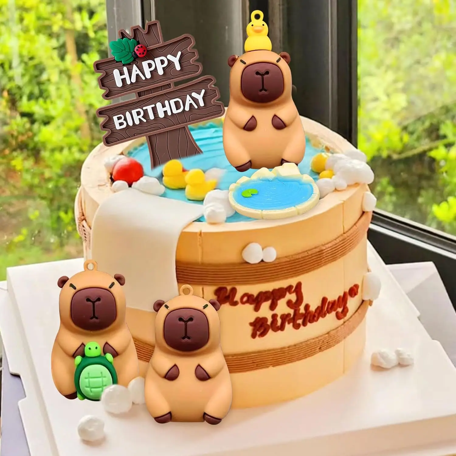 Capybara Cake Toppers for Birthday Party Decorations - 3 Cute Figures Summer Pool Theme Safe Materials Fun Whimsical Non-Edible Adorable Capybara Figures with "Happy Birthday" Sign