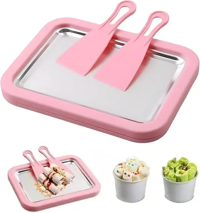 Manual Pink Rectangle Ice Cream Maker - Large Tray, Gelato Pan, 2 Handheld Scrapers, No-Electricity Tool for Making Ice Cream, Hand Wash Easy, No Assembly Needed, Double Capacity, Great for Kids Parent-Child Activities, Party Home Supplies