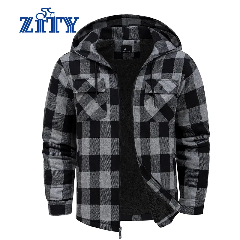ZITY Men's Flannel jackets with Hood Fleece Lined Plaid Jacket Zip Up Winter Warm Coat Fall Clothes Casual Checked Hoodie men's clothing Gamis
