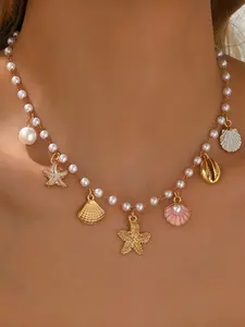Women's Fashion Necklace with Shell Starfish Pendant, Faux Pearl Chain Design, Elegant Jewelry for Women, Perfect Gift Idea