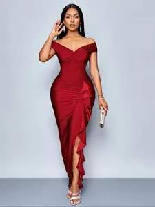 Women's Elegant Off-Shoulder Bodycon Dress, Ruched Details, High Slit, Asymmetrical Hem, Suitable for All Seasons