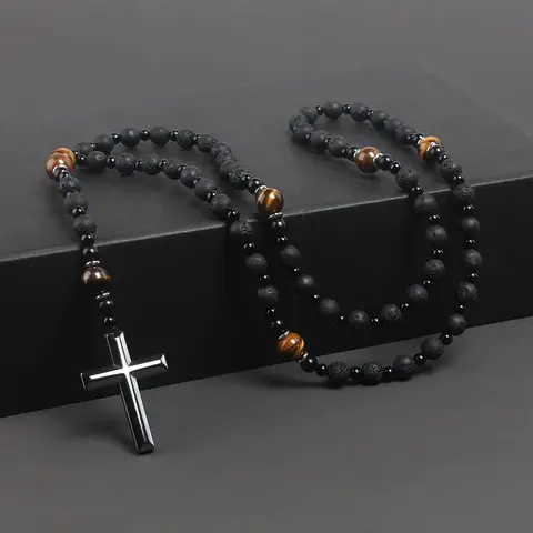 Tiger Eye Cross Necklace for Men, Obsidian Necklace, Hematite Cross Pendant Lava Rock Rosary Healing Crystal Necklaces