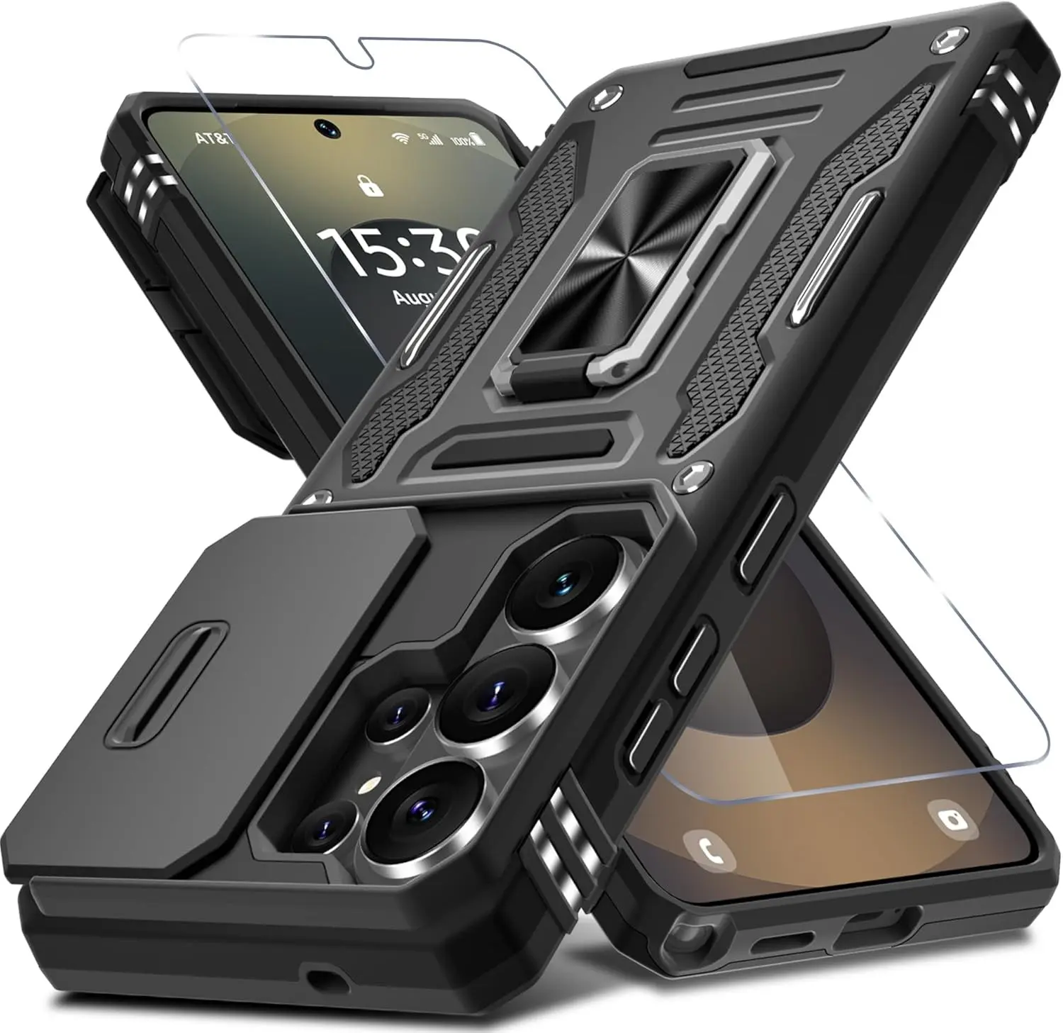 Case for Samsung Galaxy S26 Ultra 6.9-Inch with Slide Camera Cover+Screen Protector(1 Pack), Rotated Ring Kickstand Military Grade Shockproof Protective Cover-Black