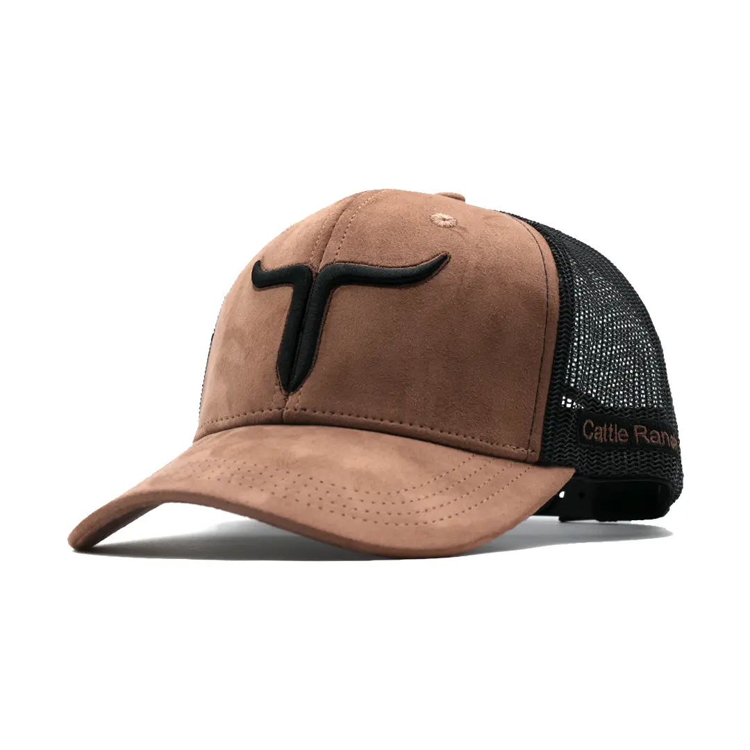 Cattle Ranch Brown Suede Cap with Black Logo and Mesh Back Adjustable Snapback Hat Snapback Trucker