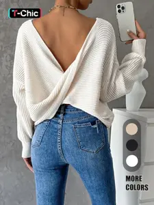 Women's Plain Wrap Backless Drop Shoulder Long Sleeve Sweater, Y2K Style Trendy Elegant Scoop Neck Jumper for Spring & Fall, Women's Knitwear for Casual Daily Wear, Womenswear