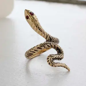 Vintage Snake Ring Ruby Austrian Crystal Eyes Antiqued 18k Yellow Gold Electroplate Made in the USA