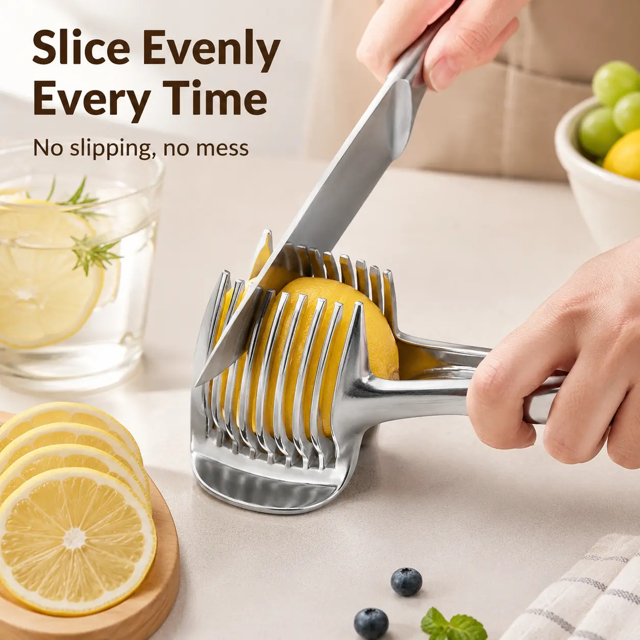 Aluminum Alloy Handheld Lemon Cutter - Durable Fruit Tool with Sharp Blade and Secure Grip, Smooth Glossy Fruit Vegetable Cutter, Kitchen Utensil for Even Cuts in Home Drink Prep, Thickened Metal
