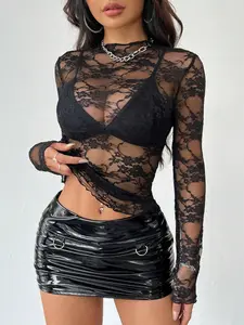 Lace Transparent Long Sleeve Top, Slim Fit Bodycon Design, Lightly Refined Streetwear Daily Wear, Versatile Fashion Piece, Chic