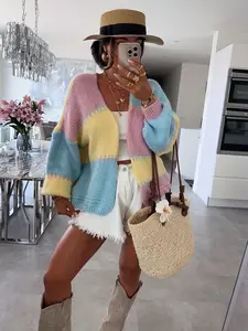Women's Color Block Knitted Sweater Cardigan, Womenswear, Casual Loose Fit Knitwear Outerwear for Spring Autumn Winter, Stylish Versatile Everyday Layering, Casual Chic Knitwear
