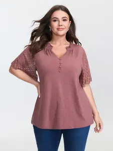 Plus Size Lady's Big-Tall Supersoft Cotton-Nylon Fabric Short-Sleeve Top - Notched Collar Lace Trim Button-Front M-6X (Flattering Fit) 2026 Summer Vibes Swimweek