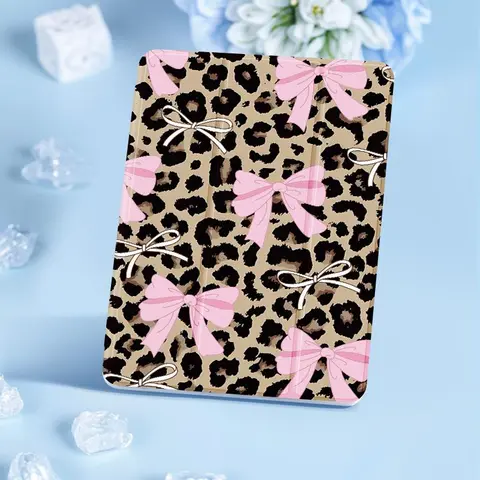 Cute Bow & Leopard Print Pattern Tablet Case Casing with Pen Slot, Auto Sleep/Wake Tablet Protective Cover, Tablet Accessories Compatible with iPad Covers, Smart Tablet Accessories (Case Only)
