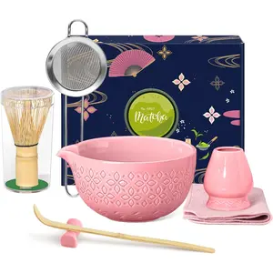7 Pcs Pink Japanese Matcha Whisk Tea Kit Includes Spouted Matcha Bowl Bamboo Whisk Ceramic Holder Scoop Rest Sifter Tea Towel Gift for Matcha Ceremony Lovers