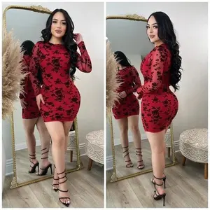 Black Rose Dress - Red Mesh Bodycon Mini Dress with Long Sleeves and Strappy Heels for Women