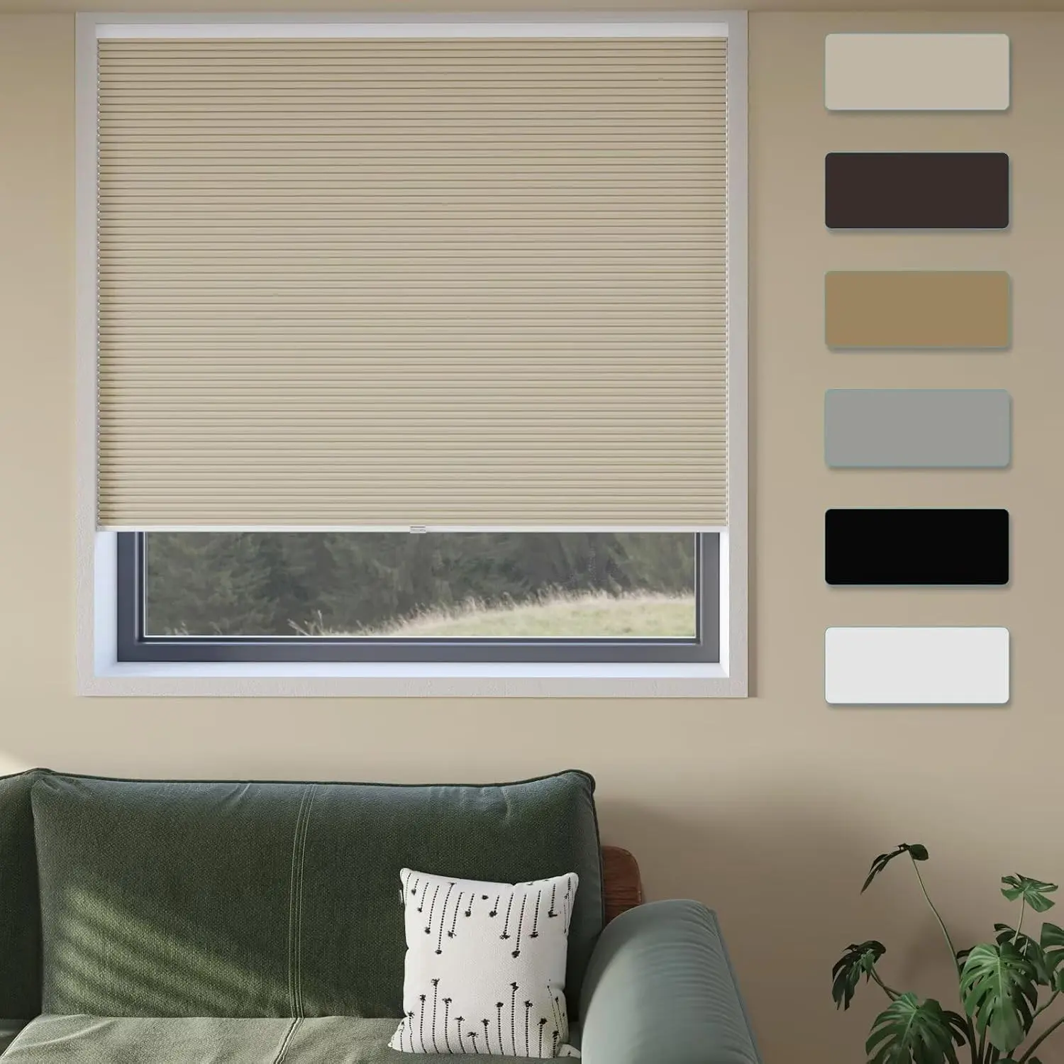 Cordless Cellular Blackout Window Blinds No Tools No Drill Size 34" Wide X 72" Height Beige Room Darkening for Indoor Windows Bedroom Bathroom Kitchen Living Room