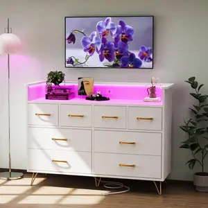 White ​Modern 8-Drawer Dresser with Charging Station & RGB Lights | Wide Bedroom Dresser Chest with 3 Outlets + 2 USB Ports, App-Controlled LED Lighting for Gaming Setup & Makeup Vanity