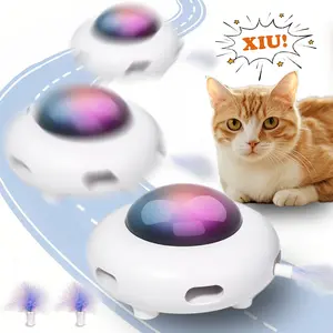 "Interactive Cat Toy，Moving Feather Toys for All Breeds，USB Rechargeable，White，Entertainment with 6pcs Feathers -UFO"