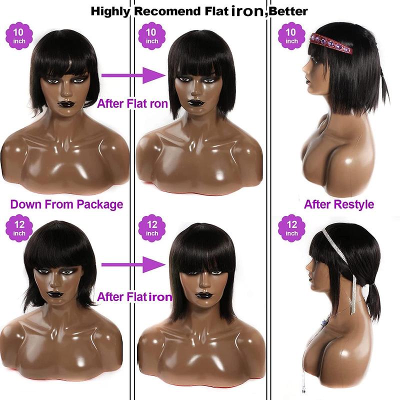 Short Bob Wigs Human Hair 8 Inch Glueless Wear and Go Bob Wig With Bangs Human Hair Wigs for Black Women Human Hair Brazilian Straight Hair None Lace Front Natural Black Wig