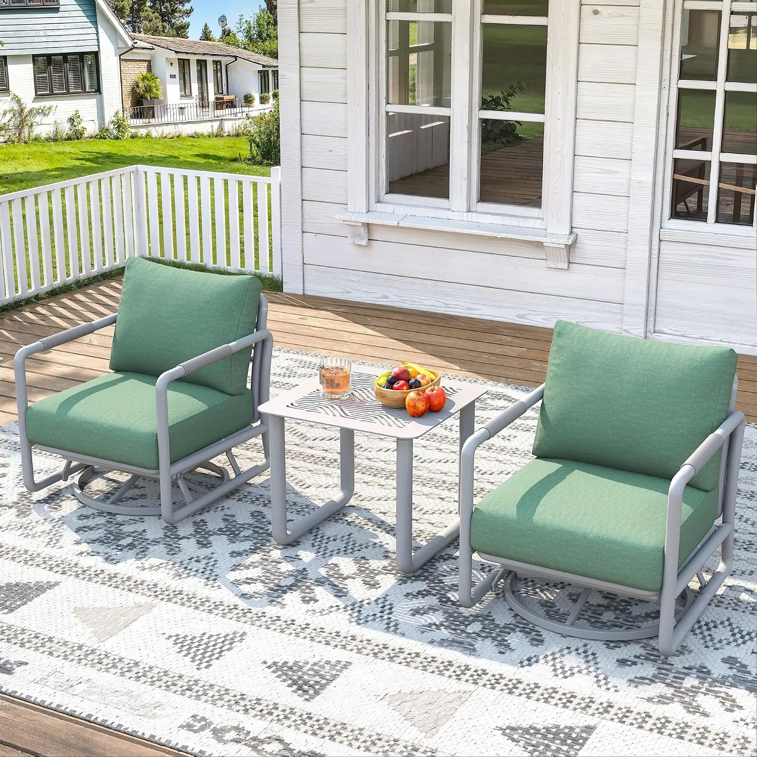 3 Piece Patio Outdoor Aluminum Swivel Rocking Chair with Coffee Table and 6.7" Thickened Cushions, All Weather Outdoor Furniture Chairs for Garden, Poolside, Deck-White