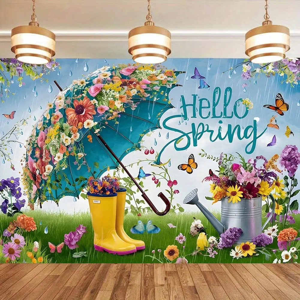 1PC Polyester Reusable 2D Flat Spring Theme Wall Hanging Backdrop - Umbrella, Rain Boots, Flowers, Butterflies Decorative Cloth for Party Photography, Birthday - Party Decorations Banners, Indoor Outdoor Use,summerwins