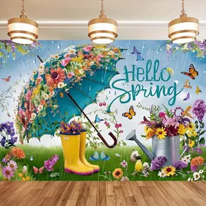 1PC,2D Flat Spring Theme Backdrop Umbrella Rain Boots Flowers Butterflies Decorative Cloth Party Photography Live Background Curtain Indoor Outdoor Festival Decoration Backdrop