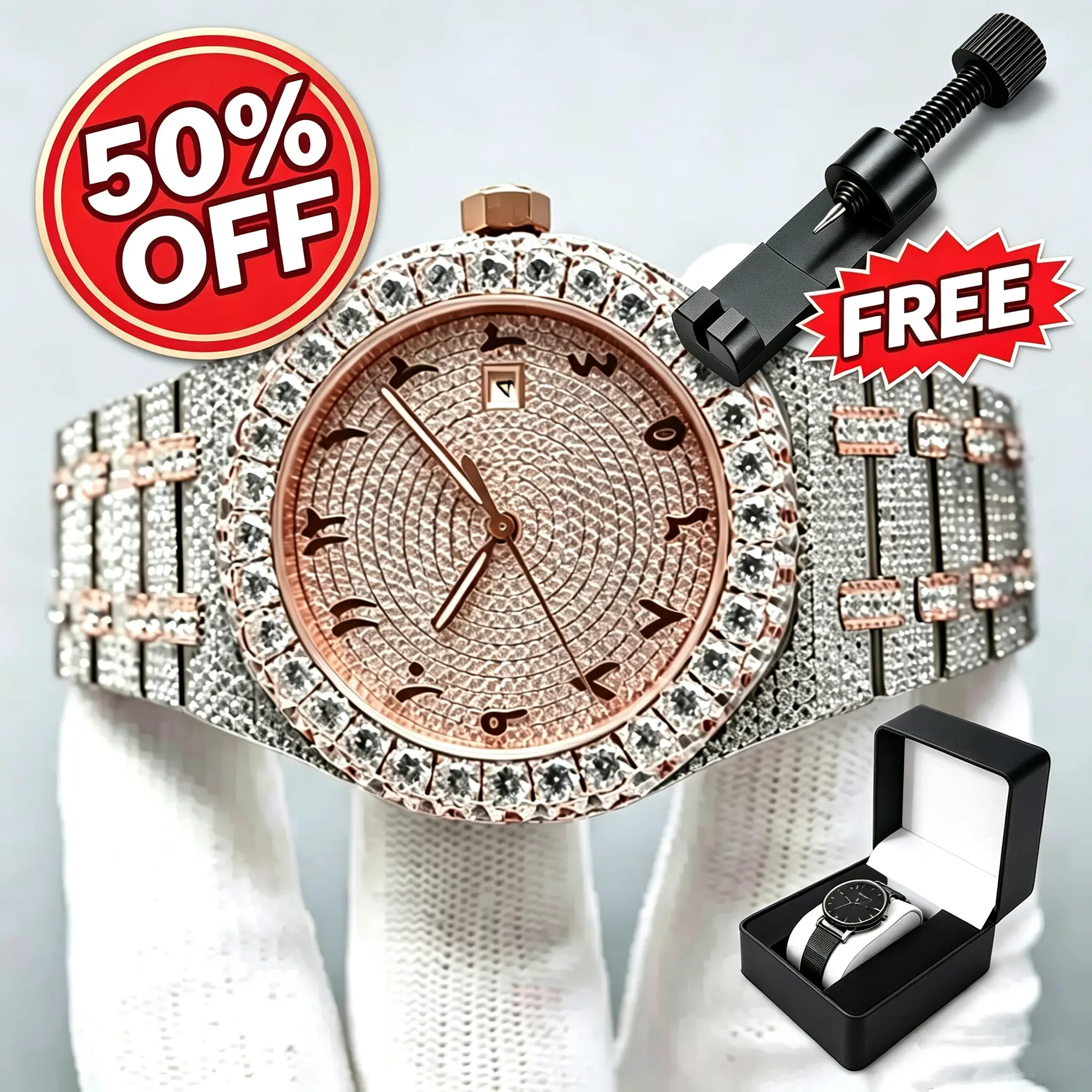 Men's Automatic Iced Out Watch with CZ Moissanite Design, Water Resistant Bling Fashion Accessory, Gift for Boyfriend, Stylish Watch, Fashionable Waterproof Wristwatch, Gifts For Boyfriend, Men's Accessories