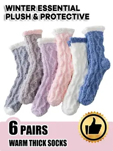 6 Pairs Solid Color Fuzzy Fluffy Socks, Thick Casual Style, Anti-Slip Indoor Slippers for Men & Women, Perfect for Autumn & Winter