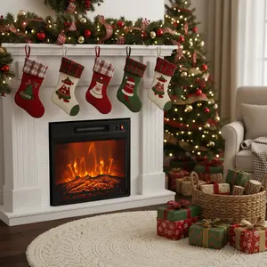 PARROT UNCLE 18" Modern Black Electric Fireplace with Remote Control 1400W Heater Realistic Flame Effect 400 Sq Ft Coverage Easy Installation Iron Glass Material Halloween Christmas