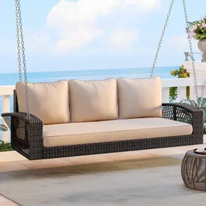 Eyisean 69" PE Wicker 3-Seat Outdoor Porch Swing with Hanging Chains, All-Weather Heavy Duty Patio Swing Bench with Waterproof Cushion & Pillows, Large Swing Chair for Backyard, Garden, Poolside