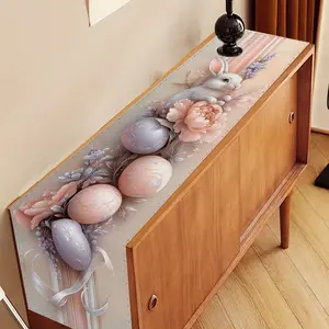 Table Runner Table Cover, Rabbit and Easter Eggs Design with Flowers Soft Pink Tone for Easter Spring Party Picnic Holiday Decor Festival Display Seasonal Table Decoration