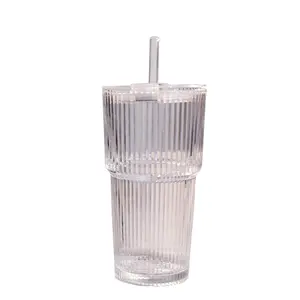 16 oz Ribbed Glass Tumblers with Lids and Glass Straws 1-Piece Glassware Set Thickened Wall Ideal for Iced Coffee Smoothies Cocktails and Juices Elegant and Durable Drinkware