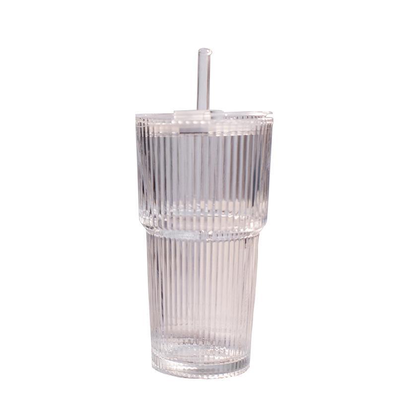 16 oz Ribbed Glass Tumblers with Lids and Glass Straws 1-Piece Glassware Set Thickened Wall Ideal for Iced Coffee Smoothies Cocktails and Juices Elegant and Durable Drinkware