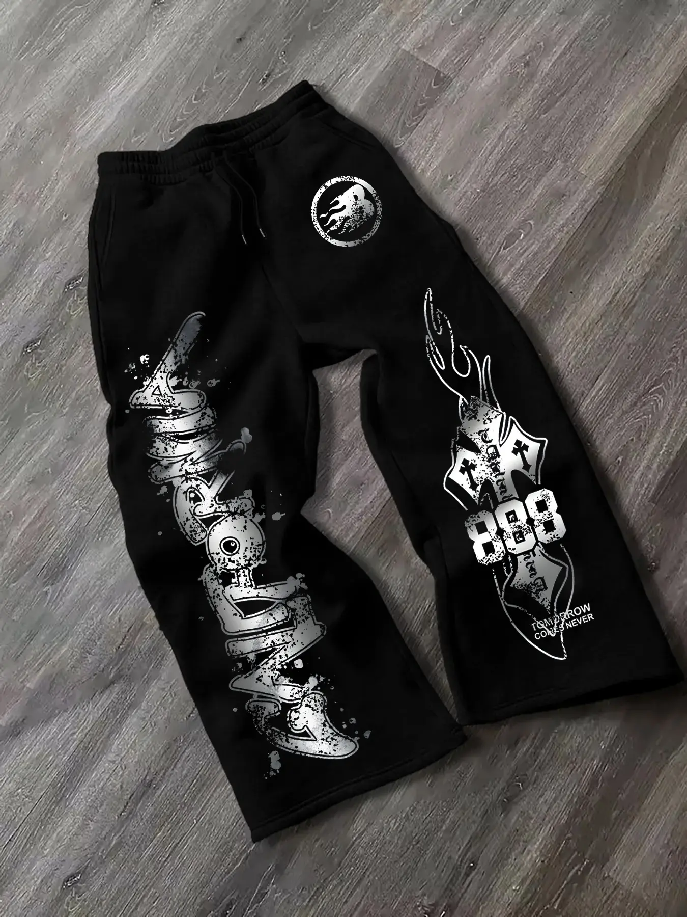 Men's Casual Sporty Long Pants, Cross & Flame Print Drawstring Wide Leg Joggers, All-Season Loose Fit Men's Clothing, Wide Leg Sweatpants