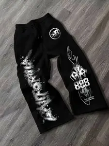 Men's Casual Sporty Long Pants, Cross & Flame Print Drawstring Wide Leg Joggers, All-Season Loose Fit Men's Clothing, Wide Leg Sweatpants