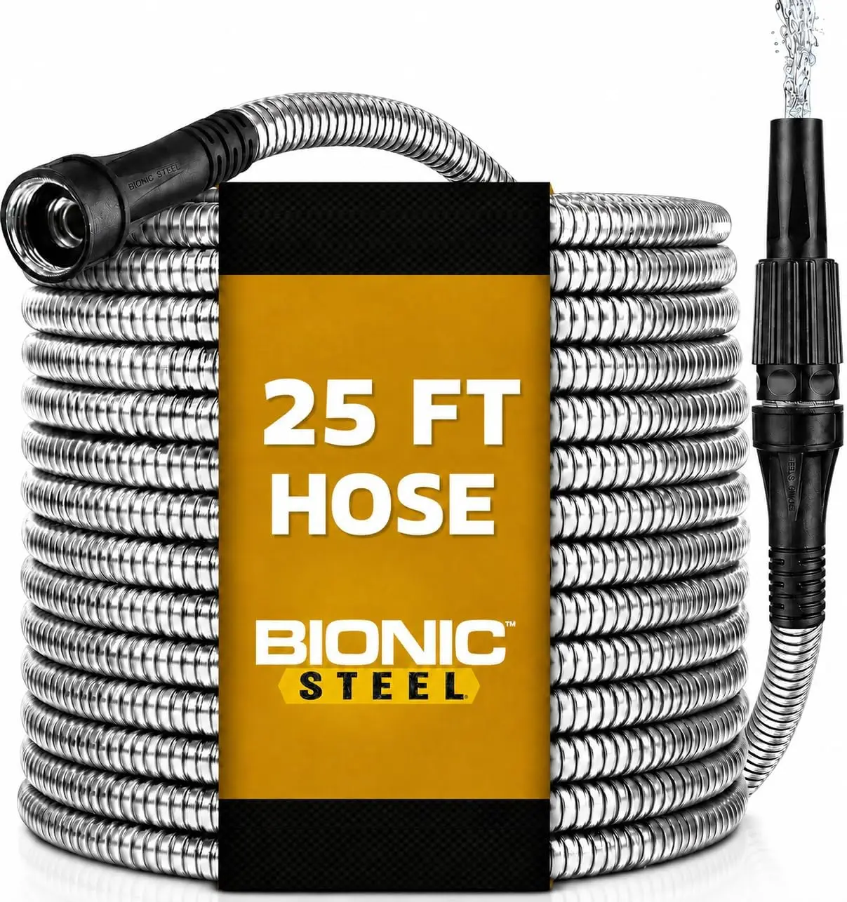 BIONIC STEEL 25 Ft Metal Garden Hose with Sprayer Nozzle | Non Kinking Design, Stainless Steel Heavy Duty Water Hose 25Ft x 5/8 in. Flexible & NON Expandable for Water Flow, 500 PSI