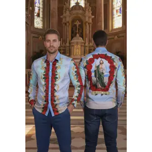 Barabas San Judas Tadeo Rhinestone Long Sleeve Shirt with Collared Neck & Baroque Design for Men