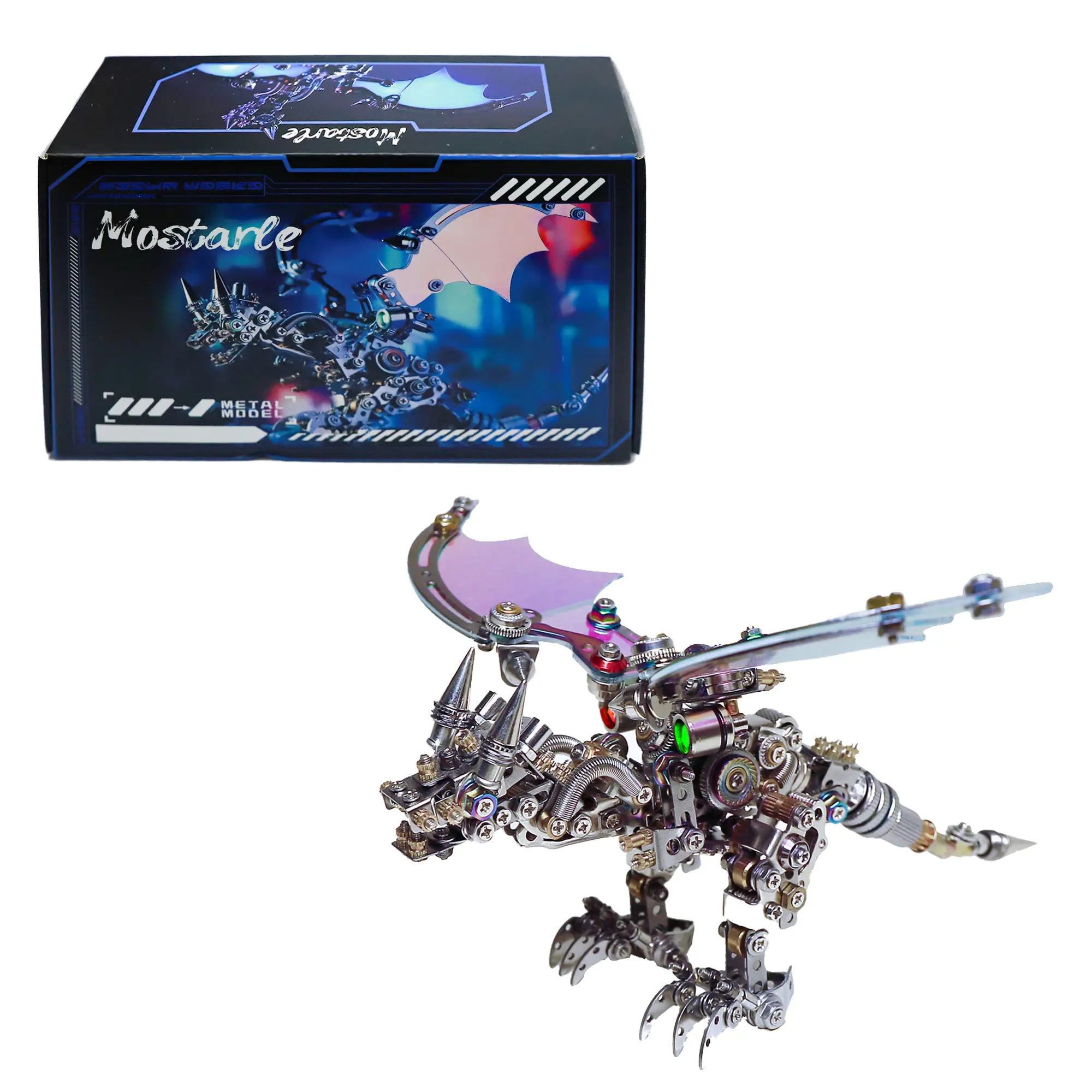 Cyberpunk Reno Blue Dragon 3D Metal Puzzle Kit, 613 Pieces, Magnetic Assembly, LED Light-Up Color Changing Wings, Adjustable Display, DIY Mechanical Model for Advanced Builders Collectors
