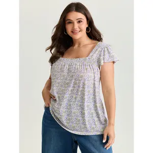 BLOOMCHIC Women's Plus Size Short-Sleeve Spandex Knit Top - Micro Floral Print Shirred Square Neck Ruffle Sleeves Flattering Fit M-6X Sizes 2026 Summer Vibes